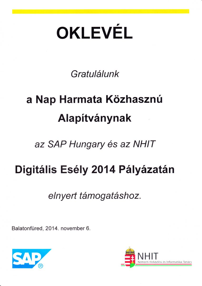 Digitális Esély 2014 pályázat nyertes oklevél